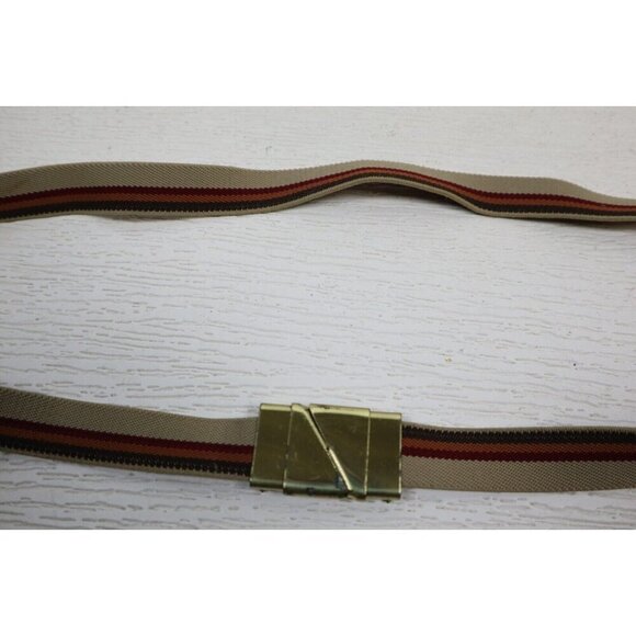 VINTAGE WOMEN'S BROWN STRIPED ELASTIC BELT - GOLD TONE CLASP - ADJUSTABLE - Picture 5 of 9